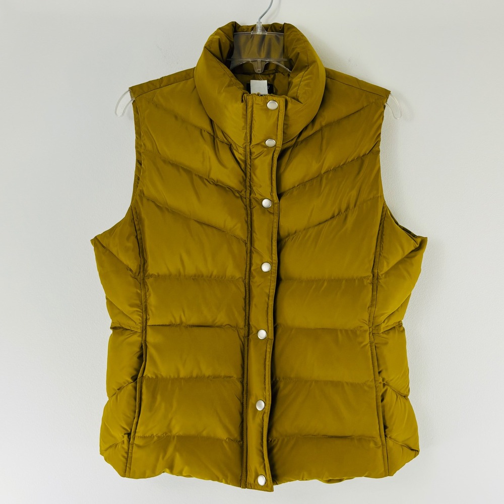 J.Crew Mustard Yellow Chevron Puffer Vest Down Fill Women's Size Large